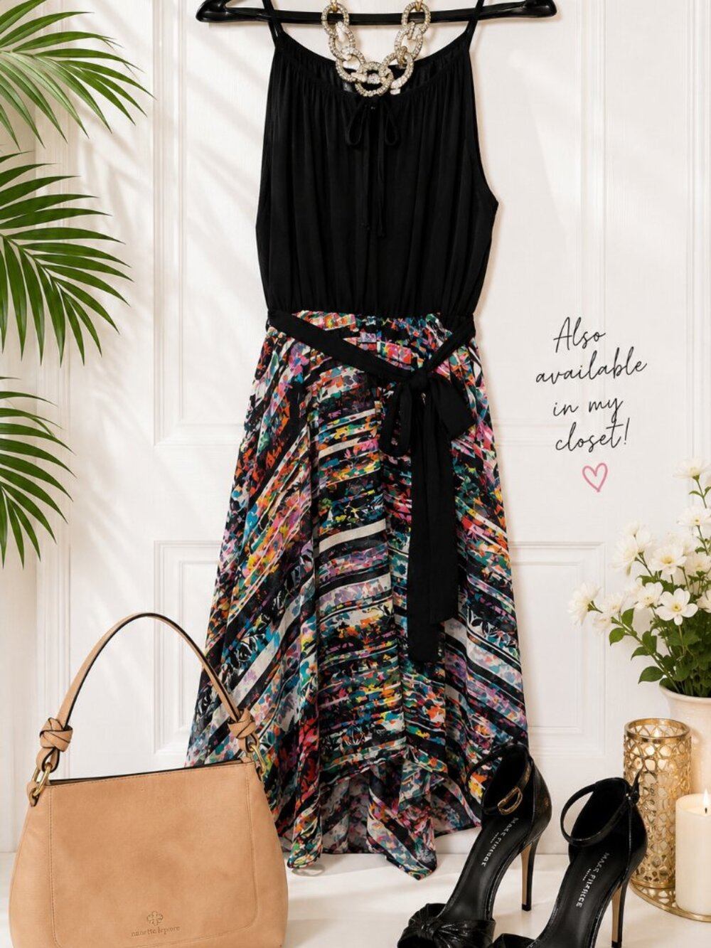 City Chic XL Black Multicolor Floral Maxi Dress High Low Tie Waist NWOT